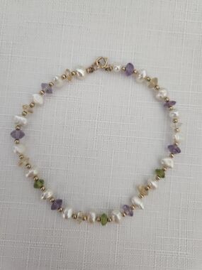 Gold Beaded Pearl, Amethyst, And Peridot Bracelet